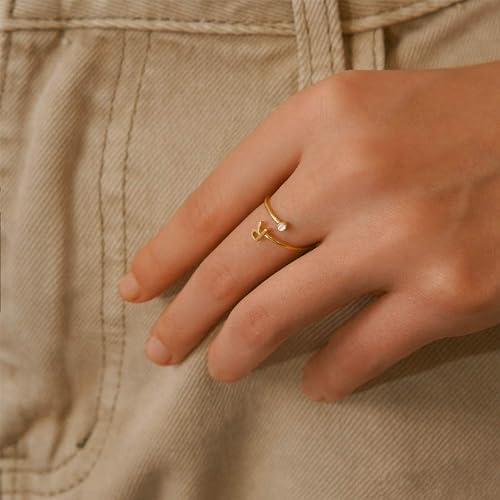 Turandoss Rings For Women Girls - Non Tarnish Dainty 14K Gold Plated Adjustable Letter Rings For Women Teen Girls Stackable Cute Thumb Pinky Fashion Unique Open Simple Birthday Gifts Jewelry