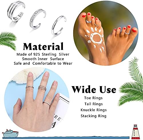 Udalyn 3 Pcs 925 Sterling Silver Open Toe Rings For Women Adjustable Band Rings Finger Foot Jewelry Set Hypoallergenic Open Toe Rings