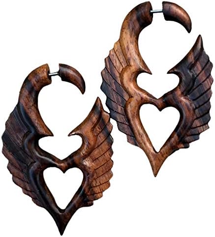 UMBRELLALABORATORY Tribal Organics Earrings Wooden Tropical Feathered Style Fake Gauges