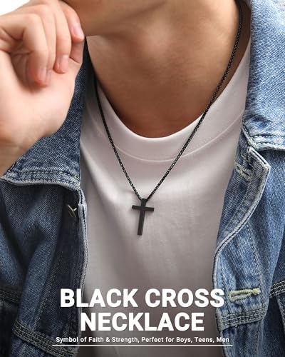 UNGENT THEM Be Strong In Faith – 18Inch Black Cross Necklace For Men Teen Boys Christian Religious Gifts
