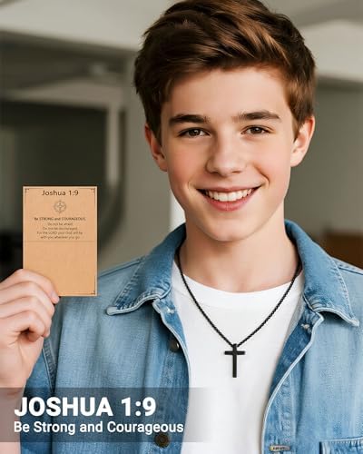 UNGENT THEM Be Strong In Faith – 18Inch Black Cross Necklace For Men Teen Boys Christian Religious Gifts