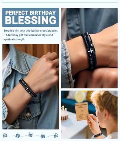 UNGENT THEM Joshua 1:9 Encouraging Christian Birthday Gifts For Boys Teens Men Bible Verse Leather Cross Bracelet