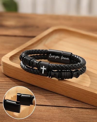 UNGENT THEM Joshua 1:9 Encouraging Christian Birthday Gifts For Boys Teens Men Bible Verse Leather Cross Bracelet