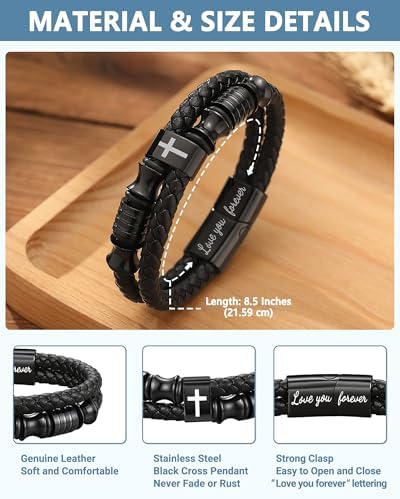 UNGENT THEM Joshua 1:9 Encouraging Christian Birthday Gifts For Boys Teens Men Bible Verse Leather Cross Bracelet