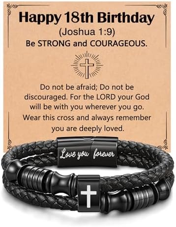 UNGENT THEM Joshua 1:9 Encouraging Christian Birthday Gifts for Boys Teens Men Bible Verse Leather Cross Bracelet