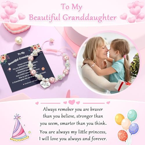 UNGENT THEM Pink Pearl And Rhinestone Bracelet For Granddaughter Daughter Niece Big Sister Birthday Christmas Easter Gifts