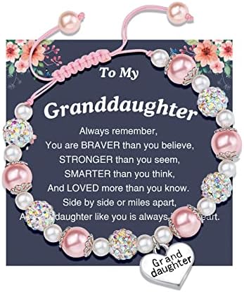 UNGENT THEM Pink Pearl and Rhinestone Bracelet for Granddaughter Daughter Niece Big Sister Birthday Christmas Easter Gifts