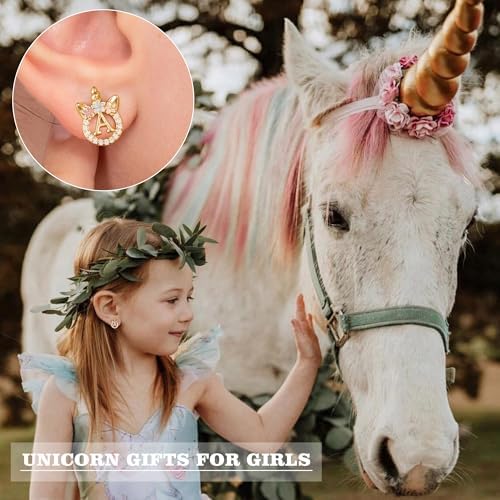 Unicorn Earrings Gifts For Girls - 925 Sterling Silver Stud Earrings Hypoallergenic Initial Unicorn Earring For Girls Kids Jewelry CZ Birthday Gifts