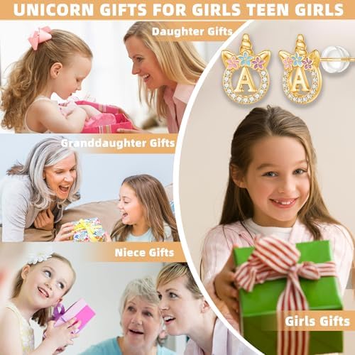 Unicorn Earrings Gifts For Girls - 925 Sterling Silver Stud Earrings Hypoallergenic Initial Unicorn Earring For Girls Kids Jewelry CZ Birthday Gifts