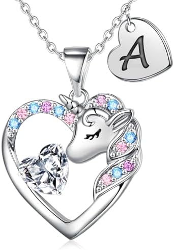 Unicorn Necklace Gifts for Girls Kids - Colorful CZ Heart Initial Necklaces Unicorn Necklace for Girls Jewelry Birthday Gifts for Little Girl Kids