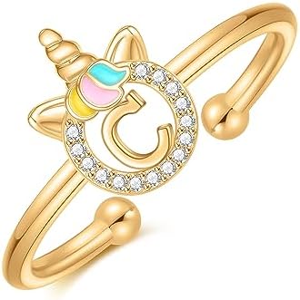 Unicorn Rings for Girls 14K Gold Plated/Rose Gold Plated/Sterling Silver Unicorn Rings for Kids Cute Initial Toddler Ring Adjustable Letter Rings for Teen Girls Gifts Hypoallergenic No Tarnish