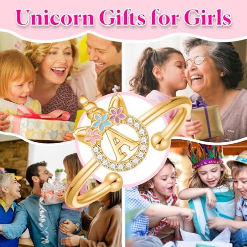 Unicorn Rings Gifts For Girls Daughter - Adjustable Initial Ring Dainty Cute Unicorn Rings For Girl Teens Little Girls Jewelry Birthday Gift