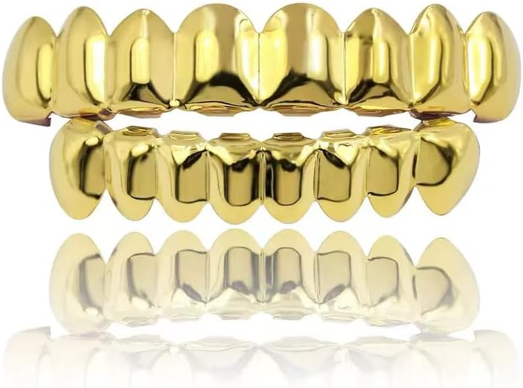 Unisex Gold-Plated Brass Hip Hop Imitation Diamond Fang Vampire Grillz Halloween Costume Accessory Cosplay Teeth Grillz with Extra Molding Bars