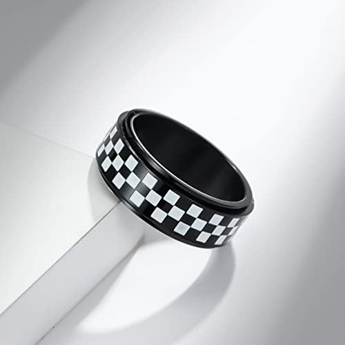 Unisex Stainless Steel Checkerboard Black And White Grid Rotatable Fidget Ring Anxiety Band