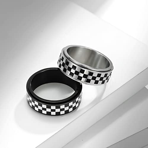 Unisex Stainless Steel Checkerboard Black And White Grid Rotatable Fidget Ring Anxiety Band