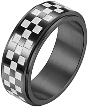 Unisex Stainless Steel Checkerboard Black and White Grid Rotatable Fidget Ring Anxiety Band