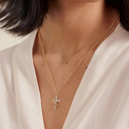 Upgraded Crown Cross Necklace For Women 14K Gold Plated & Silver Plated Crown Cross Pendant Necklace Diamond Cross Necklaces Faith Cross Jewelry First Communion Gifts 12-Color Birthstone Necklaces For Women