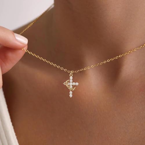 Upgraded Crown Cross Necklace For Women 14K Gold Plated & Silver Plated Crown Cross Pendant Necklace Diamond Cross Necklaces Faith Cross Jewelry First Communion Gifts 12-Color Birthstone Necklaces For Women