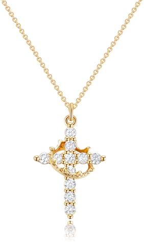 Upgraded Crown Cross Necklace for Women 14K Gold Plated & Silver Plated Crown Cross Pendant Necklace Diamond Cross Necklaces Faith Cross Jewelry First Communion Gifts 12-Color Birthstone Necklaces for Women