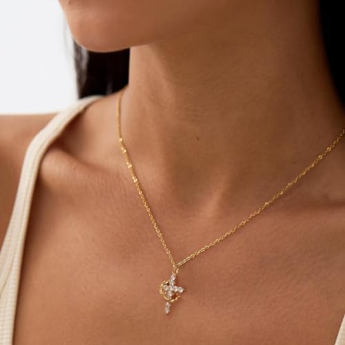 Upgraded Crown Cross Necklace For Women 14K Gold Plated & Silver Plated Crown Cross Pendant Necklace Diamond Cross Necklaces Faith Cross Jewelry First Communion Gifts 12-Color Birthstone Necklaces For Women