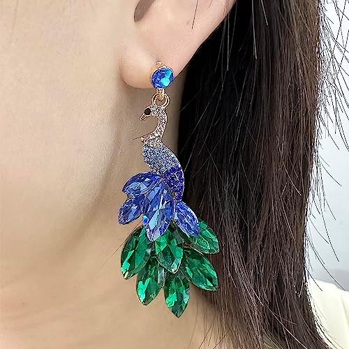 Vintage Peacock Dangle Earrings For Women 14K Gold Plated Green Crystal Feather Peafowl Statement Drop Dangling Stud Earring Boho Exaggerated Birthday Holiday Jewelry Gifts