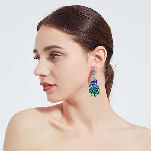 Vintage Peacock Dangle Earrings For Women 14K Gold Plated Green Crystal Feather Peafowl Statement Drop Dangling Stud Earring Boho Exaggerated Birthday Holiday Jewelry Gifts