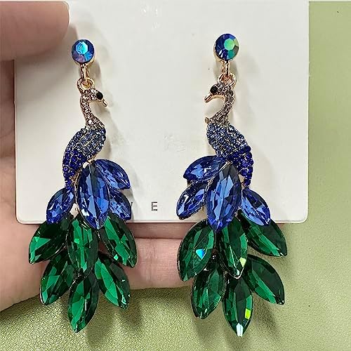Vintage Peacock Dangle Earrings For Women 14K Gold Plated Green Crystal Feather Peafowl Statement Drop Dangling Stud Earring Boho Exaggerated Birthday Holiday Jewelry Gifts