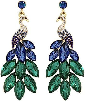 Vintage Peacock Dangle Earrings for Women 14K Gold Plated Green Crystal Feather Peafowl Statement Drop Dangling Stud Earring Boho Exaggerated Birthday Holiday Jewelry Gifts