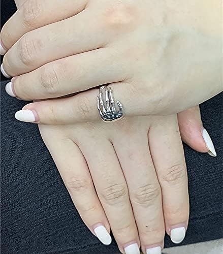 Vintage Skull Hand S925 Sterling Silver Open Band Ring For Women Girls Statement Adjustable Expandable Oxidized Gothic Skeleton Devil's Talons Finger Pinky Rings Comfort Fit Unisex Jewelry