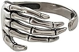 Vintage Skull Hand S925 Sterling Silver Open Band Ring for Women Girls Statement Adjustable Expandable Oxidized Gothic Skeleton Devil's Talons Finger Pinky Rings Comfort Fit Unisex Jewelry