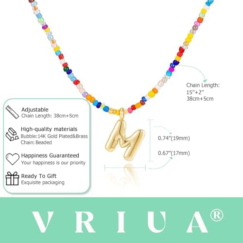 VRIUA Colorful Initial Necklaces For Women – Bubble Letter A-Z Necklace Handmade Beaded Necklace Dainty Initial Necklaces For Girls Kids - Teen Girls Gifts Trendy Jewelry