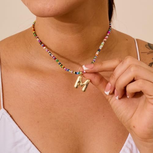 VRIUA Colorful Initial Necklaces For Women – Bubble Letter A-Z Necklace Handmade Beaded Necklace Dainty Initial Necklaces For Girls Kids - Teen Girls Gifts Trendy Jewelry