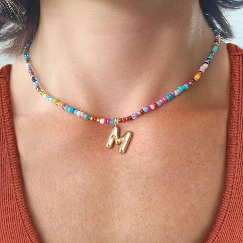 VRIUA Colorful Initial Necklaces For Women – Bubble Letter A-Z Necklace Handmade Beaded Necklace Dainty Initial Necklaces For Girls Kids - Teen Girls Gifts Trendy Jewelry