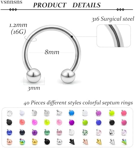 Vsnnsns 14G 16G 18G Septum Rings Piercing Jewelry 316L Stainless Surgical Steel Horseshoe Septum Nose Rings Snake Bite Lip Ring Daith Rook Earrings Smiley Piercing Jewelry For Women Men 8MM 10MM 12MM