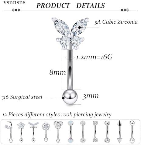 Vsnnsns Rook Daith 穿孔珠宝 16G 不锈钢外科弯曲杠铃眉环垂直唇钉穿孔珠宝 Rook Daith 耳环女士男士 6MM 8MM 10MM 低过敏性