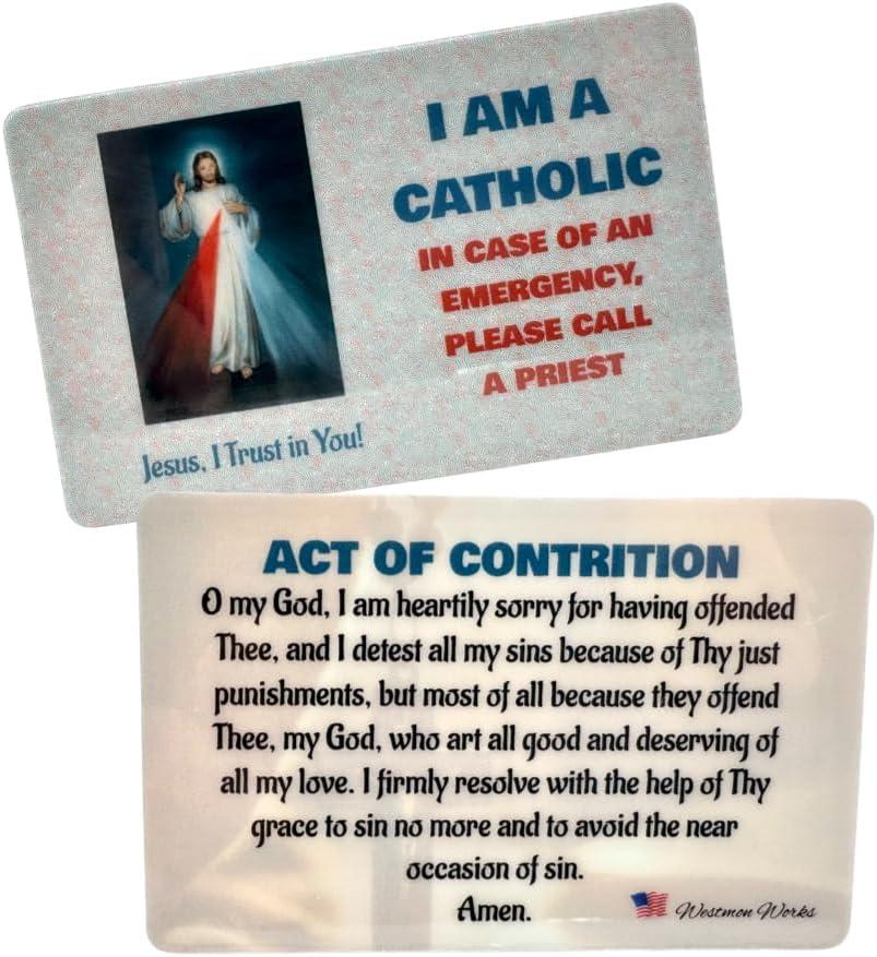 Westmon Works Four Way Medal With Act Of Contrition I Am Catholic Call A Priest Laminated Divine Mercy Holy Card Set