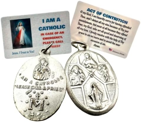 Westmon Works Four Way Medal with Act of Contrition I Am Catholic Call A Priest Laminated Divine Mercy Holy Card Set