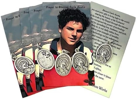 Westmon Works St Carlo Acutis Medal Set Italian Metal Pendants with Holy Cards 5 of Each