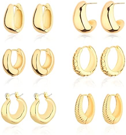 Wgoud Chunky Hoop Earrings Set 14K Gold Plated Hoop Earrings for Women Hypoallergenic Thick Twisted Huggie Hoops Earring Set