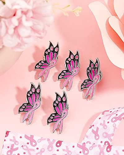 WILLBOND 24/48/96/120/240 Pcs Breast Cancer Awareness Pins Bulk 1.4 Inch Pink Ribbon Butterfly Enamel Lapel Pins Breast Cancer Accessories Gift Hope Love Brooch For Women Charity Social
