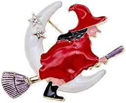 Witch Flying on The Broom Pin Brooch with Moon Star Enamel Brooch Clothes Bags Accessories for Girls Boys Halloween Jewelry