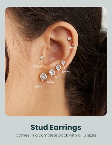 Wssxc 6 Pairs Hypoallergenic Cubic Zirconia Earrings Surgical Steel Flat Back Studs For Cartilage Screw Back Fashion Jewelry