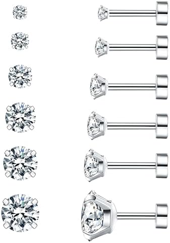 Wssxc 6 Pairs Hypoallergenic Cubic Zirconia Earrings Surgical Steel Flat Back Studs for Cartilage Screw Back Fashion Jewelry