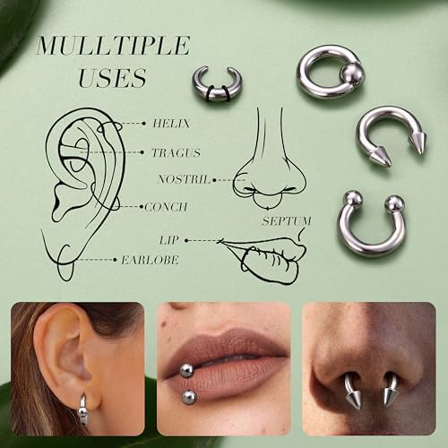 YADOCA Surgical Steel Septum Kit - 2G To 14G Septum Rings Pincher Tapers & Gauge Nose Piercing Jewelry - Silver & Black Tone