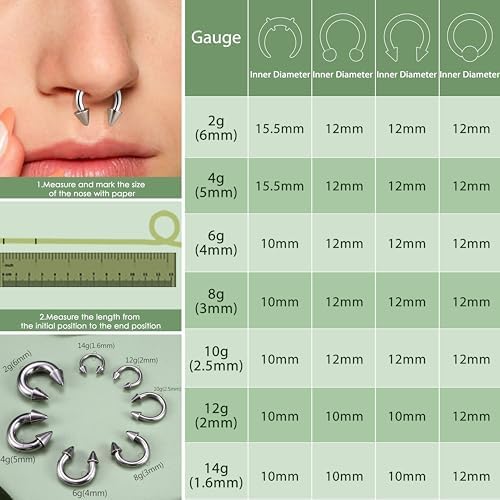 YADOCA Surgical Steel Septum Kit - 2G To 14G Septum Rings Pincher Tapers & Gauge Nose Piercing Jewelry - Silver & Black Tone
