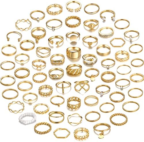 YEEZII 68 Pcs Gold Knuckle Rings Set for Women Stackable Boho Joint Finger Midi Rings Silver Hollow Carved Crystal Stacking Ring Pack for Gift