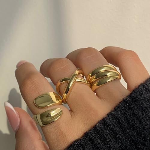 YEEZII Chunky Gold Rings For Women Non Tarnish 18K Gold Plated Stackable Thumb Ring Statement Women Rings Set