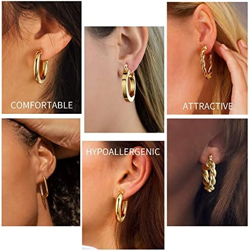 Yesteel 9 Pairs Gold Hoop Earrings For Women 925 Sterling Silver Post 14K Real Gold Plated Chunky Hoop Earrings Set For Women Hypoallergenic Thick Lightweight Earring For Womens Jewelry Gifts