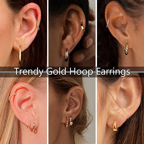 Yesteel 9 Pairs Gold Hoop Earrings For Women 925 Sterling Silver Post 14K Real Gold Plated Chunky Hoop Earrings Set For Women Hypoallergenic Thick Lightweight Earring For Womens Jewelry Gifts