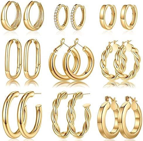 Yesteel 9 Pairs Gold Hoop Earrings for Women 925 Sterling Silver Post 14K Real Gold Plated Chunky Hoop Earrings Set for Women Hypoallergenic Thick Lightweight Earring for Womens Jewelry Gifts